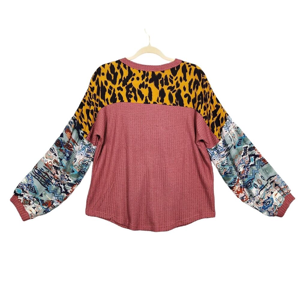 UMGEE Red Waffle Knit Cheetah Mixed Print Boho Button Top Comfortable SIZE SMALL - Picture 5 of 13